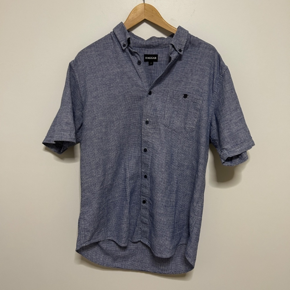 Haggar Mens Large Linen Blend Short Sleeve Button Up Shirt Blue White